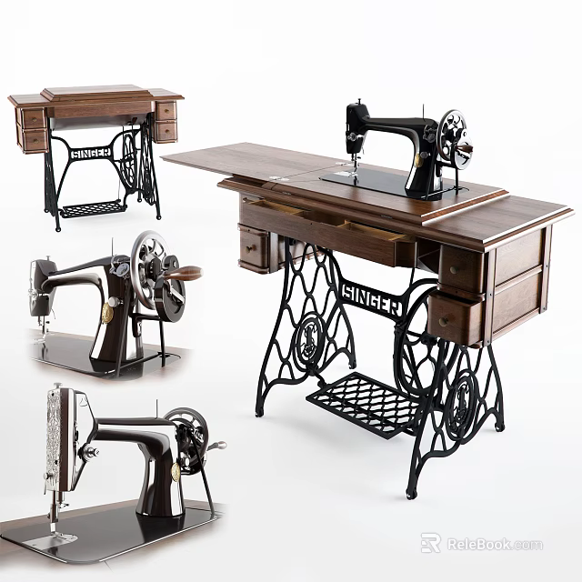Industrial Sewing Machine With Wooden Table Top Vintage Metal Frame And Storage Drawers 3d model 