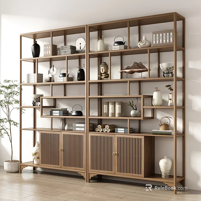 Traditional Chinese Wooden Antique Display Shelf With Vases Buddha Statue Books And Decorative Items 3d model 
