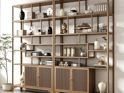 Traditional Chinese Wooden Antique Display Shelf With Vases Buddha Statue Books And Decorative Items 3d model