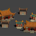 Cartoon Scenes Of Chinese Traditional Buildings With Colorful Roofs And Ornate Designs