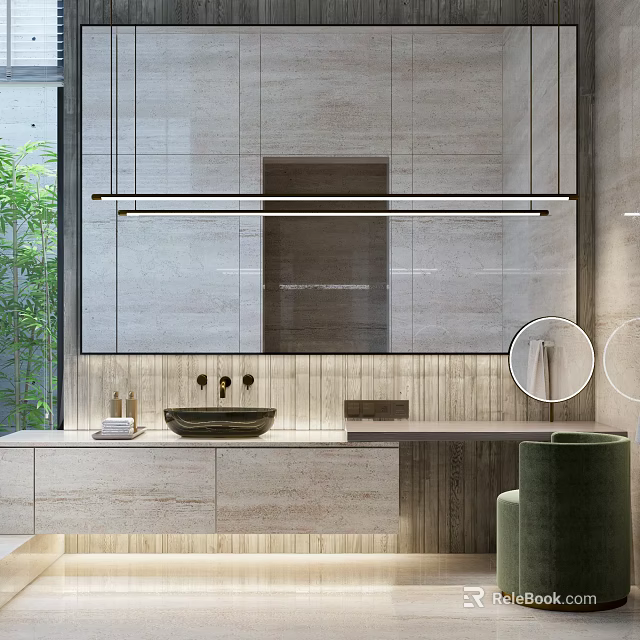 Modern Bathroom Interior Design With Large Mirror Hanging Light Stone Vanity And Tile Wall 3d model 