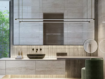 Modern Bathroom Interior Design With Large Mirror Hanging Light Stone Vanity And Tile Wall 3d model