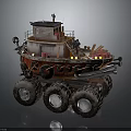 Vintage Steam Powered Water Vehicle With Large Wheels And Red Cargo Storage Boxes