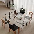 Glass Dining Table Set With Wooden Frame Chairs Black Cushioned Seats Decorative Bowl And Books