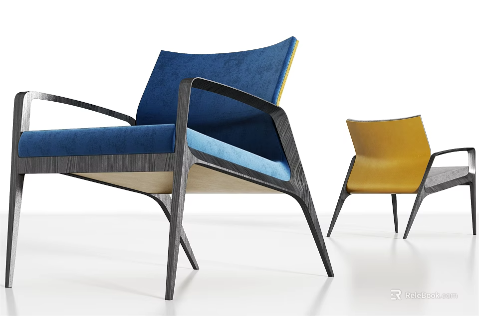 Modern Leisure Chairs With Blue And Yellow Upholstery And Wooden Frame Design 3d model 