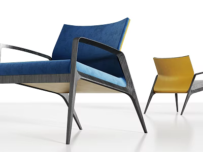 Modern Leisure Chairs With Blue And Yellow Upholstery And Wooden Frame Design 3d model