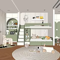 Green And White Kids Room Interior Design With Bunk Bed Staircase Storage Shelves And Toys