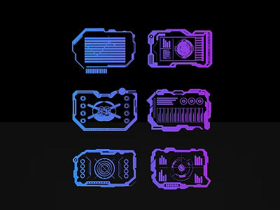 Electronic Panel Sculpture Carvings With Six Different Tech Inspired Lines And Blue Purple Hues 3d model