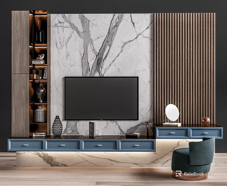 Modern TV Stand With Marble Backdrop Wooden Panel Accents Storage Drawers And Decorative Items 3d model 