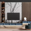 Modern TV Stand With Marble Backdrop Wooden Panel Accents Storage Drawers And Decorative Items