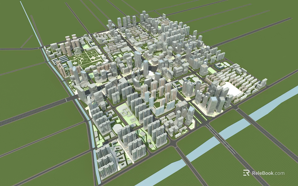 Modern Urban City Planning 3D Model With High Rise Buildings Roads And Green Spaces 3d model 