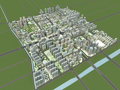 Modern Urban City Planning 3D Model With High Rise Buildings Roads And Green Spaces 3d model