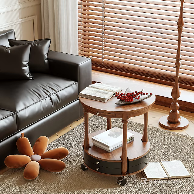 Wooden Side Table Beside Black Leather Sofa With Books And Red Berries Decoration 3d model 