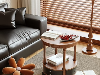 Wooden Side Table Beside Black Leather Sofa With Books And Red Berries Decoration 3d model