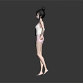 Game Female Character 3D Model With Black Bun Hair White Tank Top Pink Shorts And Barefoot