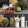 Modern Kitchen Utensils Display With Spice Oil Bottles Wooden Cutting Board And Fresh Herbs