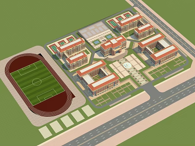 Aerial View of School Buildings with Classroom Blocks Football Field Central Square and Green Spaces 3d model