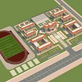 Aerial View of School Buildings with Classroom Blocks Football Field Central Square and Green Spaces
