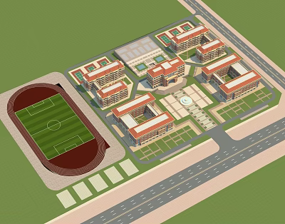 Aerial View of School Buildings with Classroom Blocks Football Field Central Square and Green Spaces 3d model