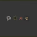 Four Different Plants in Various Colored and Shaped Pots on Grey Background with Reflection