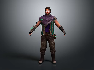 Game Movie Character In Standing Pose With Purple Scarf Green Vest And Arm Guards 3d model