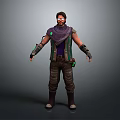 Game Movie Character In Standing Pose With Purple Scarf Green Vest And Arm Guards