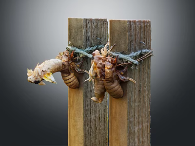 Close Up View Of Cicada Exuvia Hanging On Weathered Wooden Planks 3d model