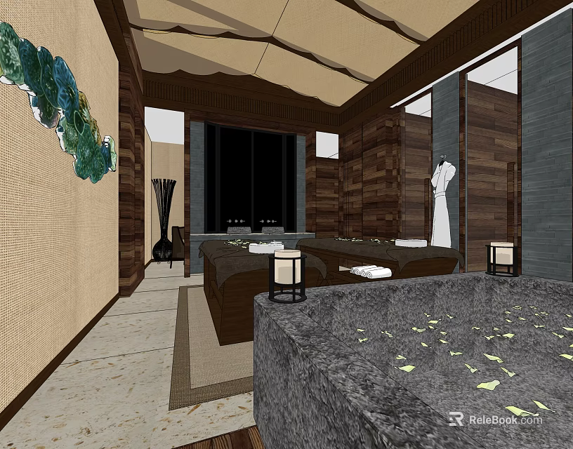 Luxurious SPA Sauna Interior With Wooden Walls Bathtub Candles And Petals 3d model 