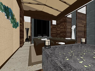 Luxurious SPA Sauna Interior With Wooden Walls Bathtub Candles And Petals 3d model