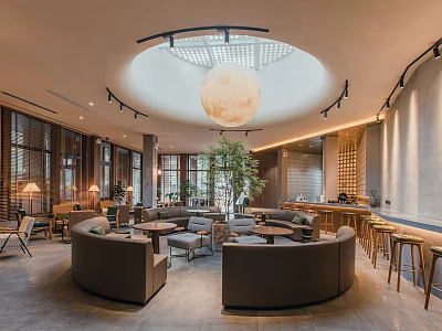 Cozy Modern Café Interior Design With Comfortable Seating Round Pendant Light And Green Plants 3d model