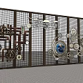 Brand Logo Metal Grid Wall Installation With Gears Mechanical Parts And Globe Design