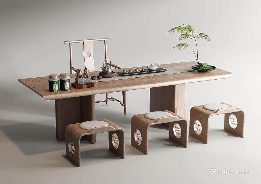 Wooden Tea Table with Stools Teaware Jars and Small Potted Plant 3d model