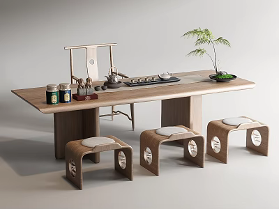 Wooden Tea Table with Stools Teaware Jars and Small Potted Plant 3d model