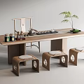 Wooden Tea Table with Stools Teaware Jars and Small Potted Plant 3d model