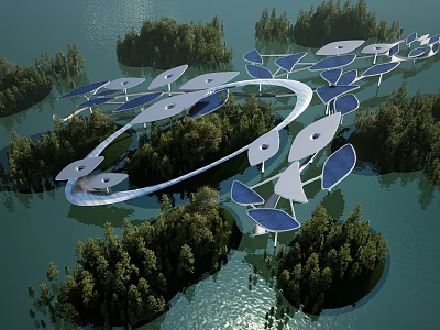 Modern Unique Landscape Bridge Over Water With Leaf Shaped Canopies And Tree Islands 3d model