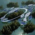 Modern Unique Landscape Bridge Over Water With Leaf Shaped Canopies And Tree Islands
