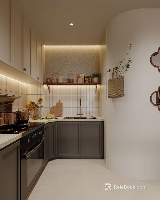 Modern Kitchen Interior With Gray Cabinets White Countertop And Recessed Lighting 3d model 