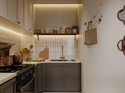Modern Kitchen Interior With Gray Cabinets White Countertop And Recessed Lighting 3d model