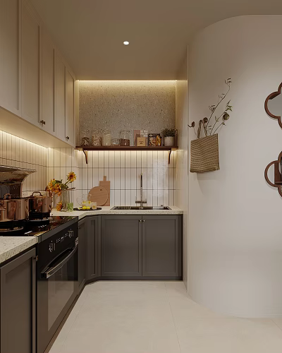 Modern Kitchen Interior With Gray Cabinets White Countertop And Recessed Lighting 3d model