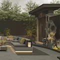 Modern Garden Landscape With Outdoor Sofa Greenery Fence And Patio Lighting