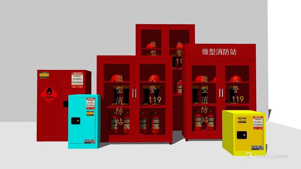 Essential Fire Fighting Equipment In Mini Station With Red Cabinets And Colored Storage Units 3d model 