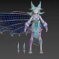 Fantasy Game Movie Character With Blue Hair Cat Ears Purple Blue Outfit Blue Cape And Weapons