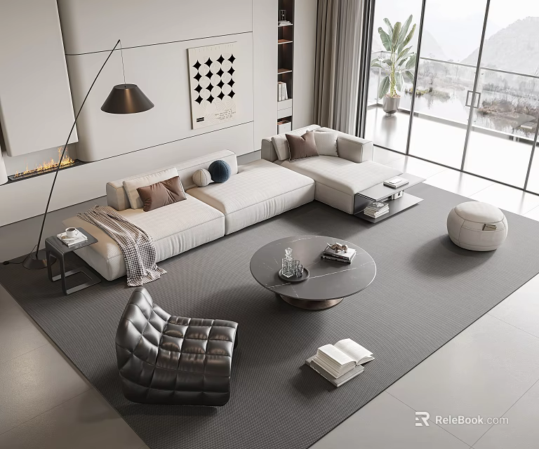 Modern Living Room Sofa Coffee Table Set With Gray Upholstery And Leather Accent Chair 3d model 