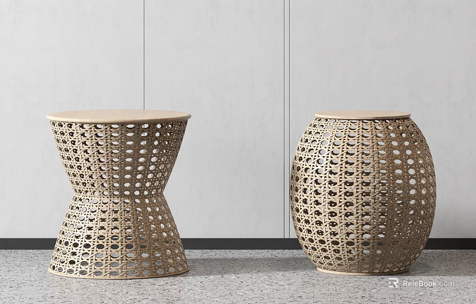 Handcrafted Rattan Stools With Intricate Hollow Out Design For Home Decor 3d model 