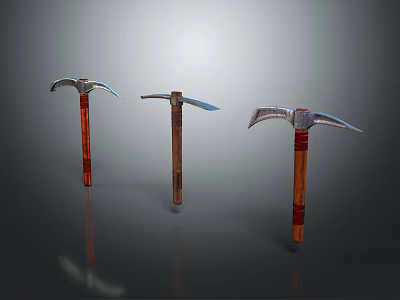 Three Vintage Pickaxes with Wooden Handles Metal Heads and Red Accents 3d model