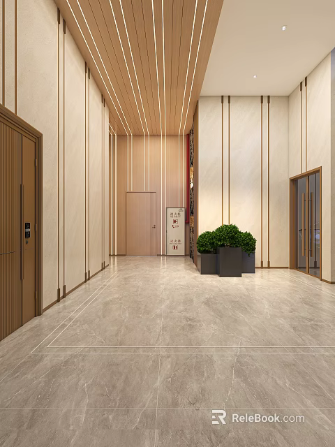Modern Elevator Hallway With Marble Flooring And Green Plants 3d model