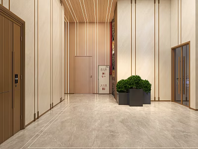 Modern Elevator Hallway With Marble Flooring And Green Plants 3d model