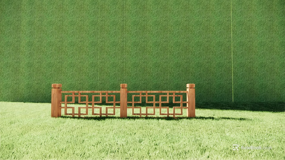 Wooden Garden Fence With Lattice Design Against Green Grass And Wall 3d model 