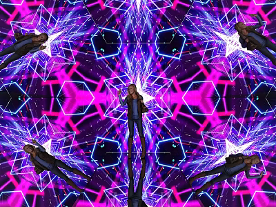 Person Standing In Symmetric Neon Light Design With Purple Pink Geometric Patterns 3d model