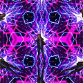 Person Standing In Symmetric Neon Light Design With Purple Pink Geometric Patterns